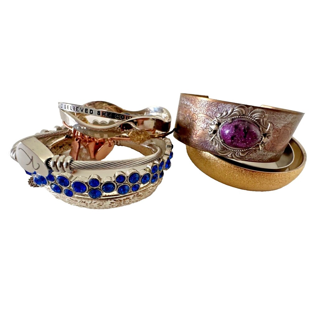 Bangle Cuff Bracelet Lot 10 Silver Gold Wavy K Blue Stone Inspirational Purple